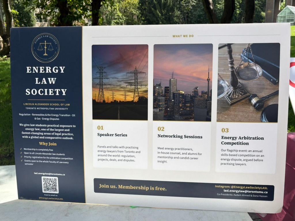 Energy Law Society poster showing the speaker series, networking sessions, and energy arbitration competition